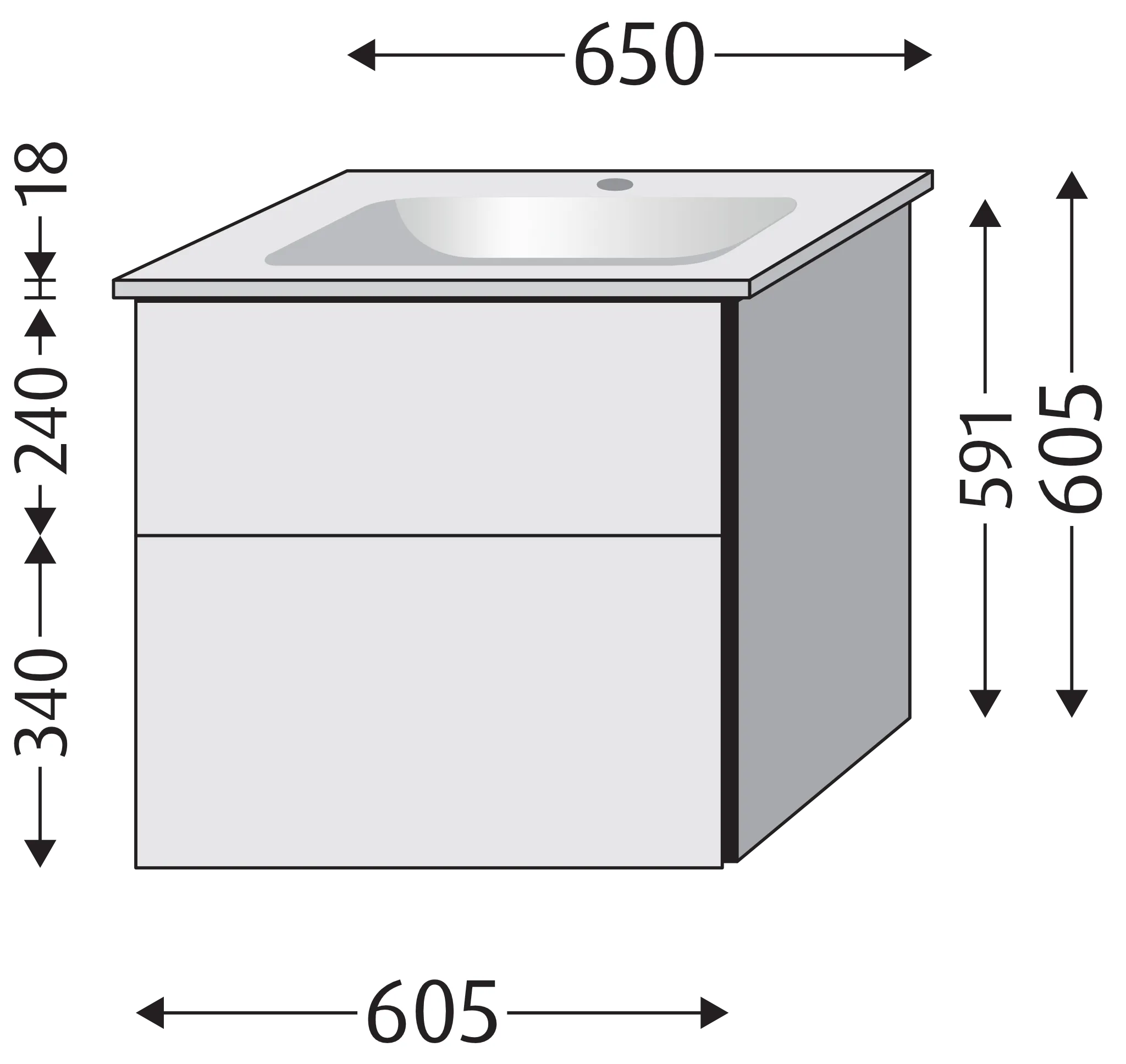 Sanipa Keramik-Waschtisch-Set mit Waschtischunterschrank „3way“ 60,5 × 47,7 × 59,1 cm in White-Oak, mittig