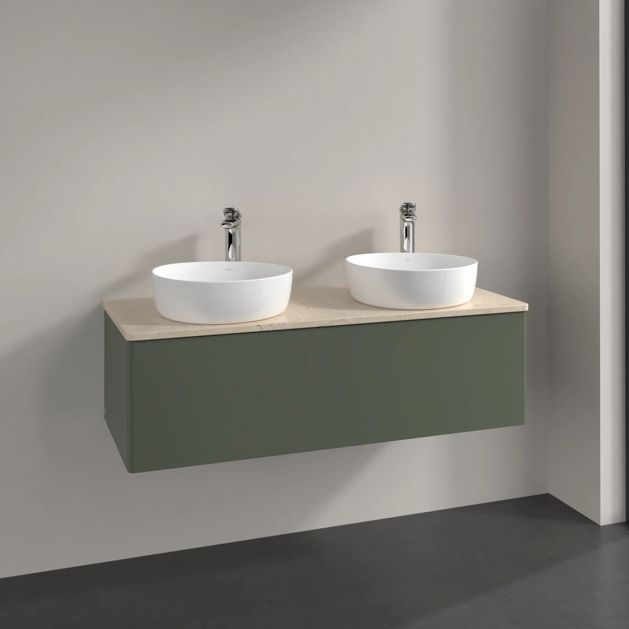 Villeroy & Boch Waschtischunterschrank „Antao“ 1200 × 360 × 500 mm Leaf Green Matt Lacquer, für links und rechts, ohne Beleuchtung Villeroy & Boch Waschtischunterschrank „Antao“ 1200 × 360 × 500 mm Leaf Green Matt Lacquer, für links und rechts, ohne Beleuchtung