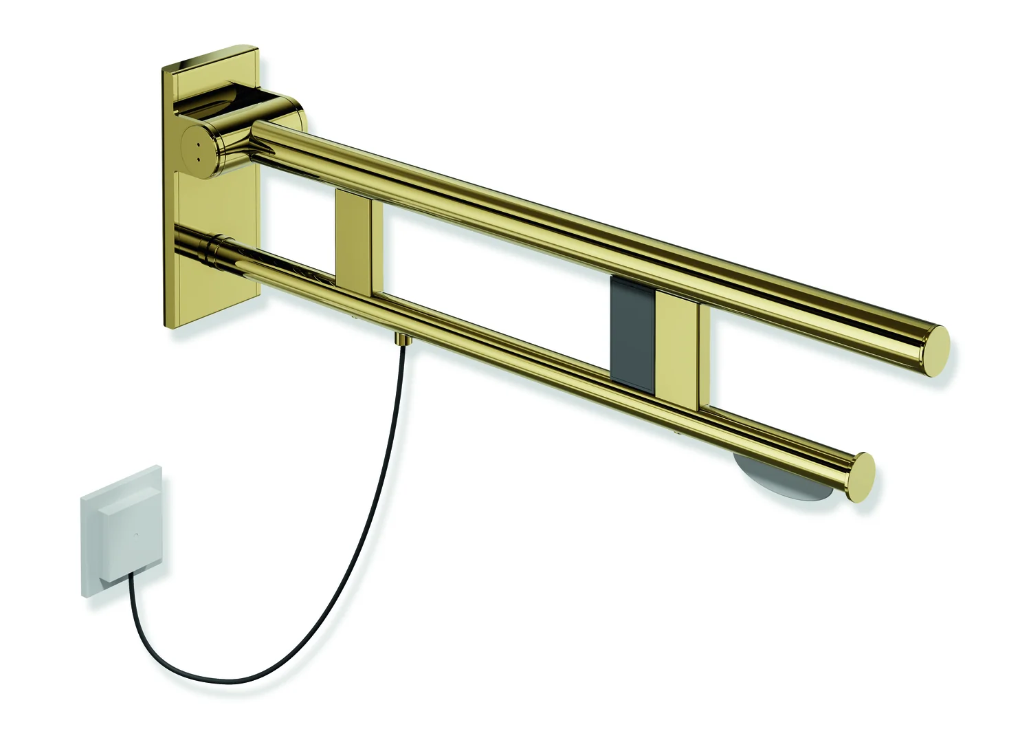 HEWI Stützklappgriff Duo System 900, Design A, Edelstahl PVD gold glänzend, Ausladung 700 mm, mit WC-Papierhalter und Spül-/Funktionstasten (E-Ausführung), rechts HEWI Stützklappgriff Duo System 900, Design A, Edelstahl PVD gold glänzend, Ausladung 700 mm, mit WC-Papierhalter und Spül-/Funktionstasten (E-Ausführung), rechts