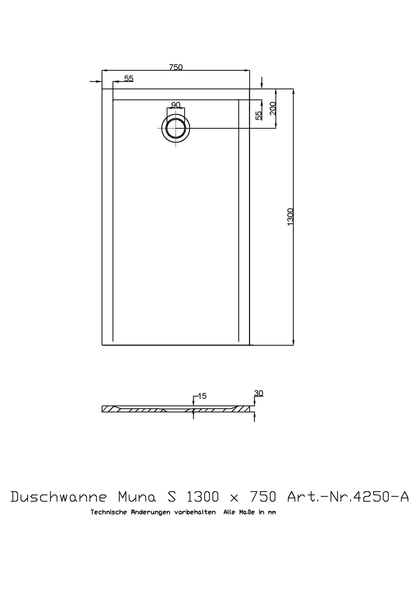 Duschwanne Muna S 1300x750x30, Hoesch, Solique, weiß matt, Antirutsch, 30 mm Höhe, 90 mm Ablaufdurchmesser