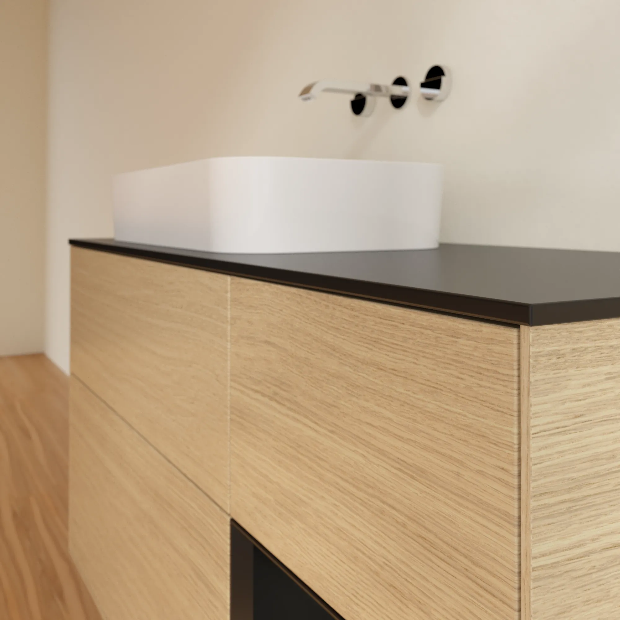 Villeroy & Boch Waschtischunterschrank „Finion“ für Schrankwaschtisch 1200 × 603 × 501 mm Oak Veneer, ohne Hahnlochbohrung, für Becken links Villeroy & Boch Waschtischunterschrank „Finion“ für Schrankwaschtisch 1200 × 603 × 501 mm Oak Veneer, ohne Hahnlochbohrung, für Becken links
