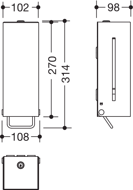 Seifenspender, Edelstahl, spiegelpoliert, mit Innenbehälter zur freien Befüllung, Füllmenge 600 ml, Breite 102 mm, Höhe 270 mm, Tiefe 98 mm