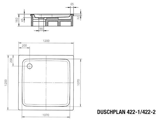 Kaldewei Duschplan mit Wannenträger, Modell 422-2, 1200x1200 mm, Manhattan, Antislip, 65 mm Tiefe