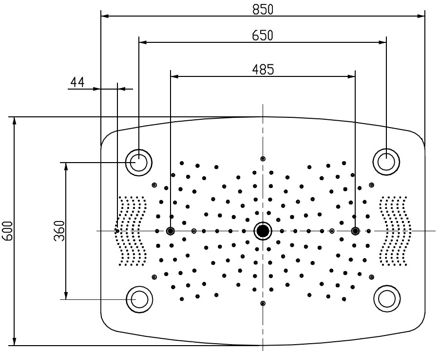 Deckenbrause AqvaShower - 600 mm × 850 mm - 4 Strahlarten (Regen, Regenkranz, Wassersäule, Nebelstrahl) - Lautsprecher - Bluetoothanbindung für Musik - LED-Beleuchtung mit Fernbedienung - Trafo 220V/50Hz - Edelstahl, hochglanzpoliert