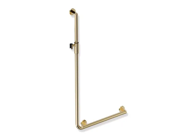 Winkelgriff mit Brausehalter, Edelstahl, PVD, waagerechte Länge 600 mm, senkrechte Länge 1250 mm, D: 32 mm, Ausführung rechts, mit magnetischem Brausehalter, in Farbe CK (Messing glänzend) Winkelgriff mit Brausehalter, Edelstahl, PVD, waagerechte Länge 600 mm, senkrechte Länge 1250 mm, D: 32 mm, Ausführung rechts, mit magnetischem Brausehalter, in Farbe CK (Messing glänzend)