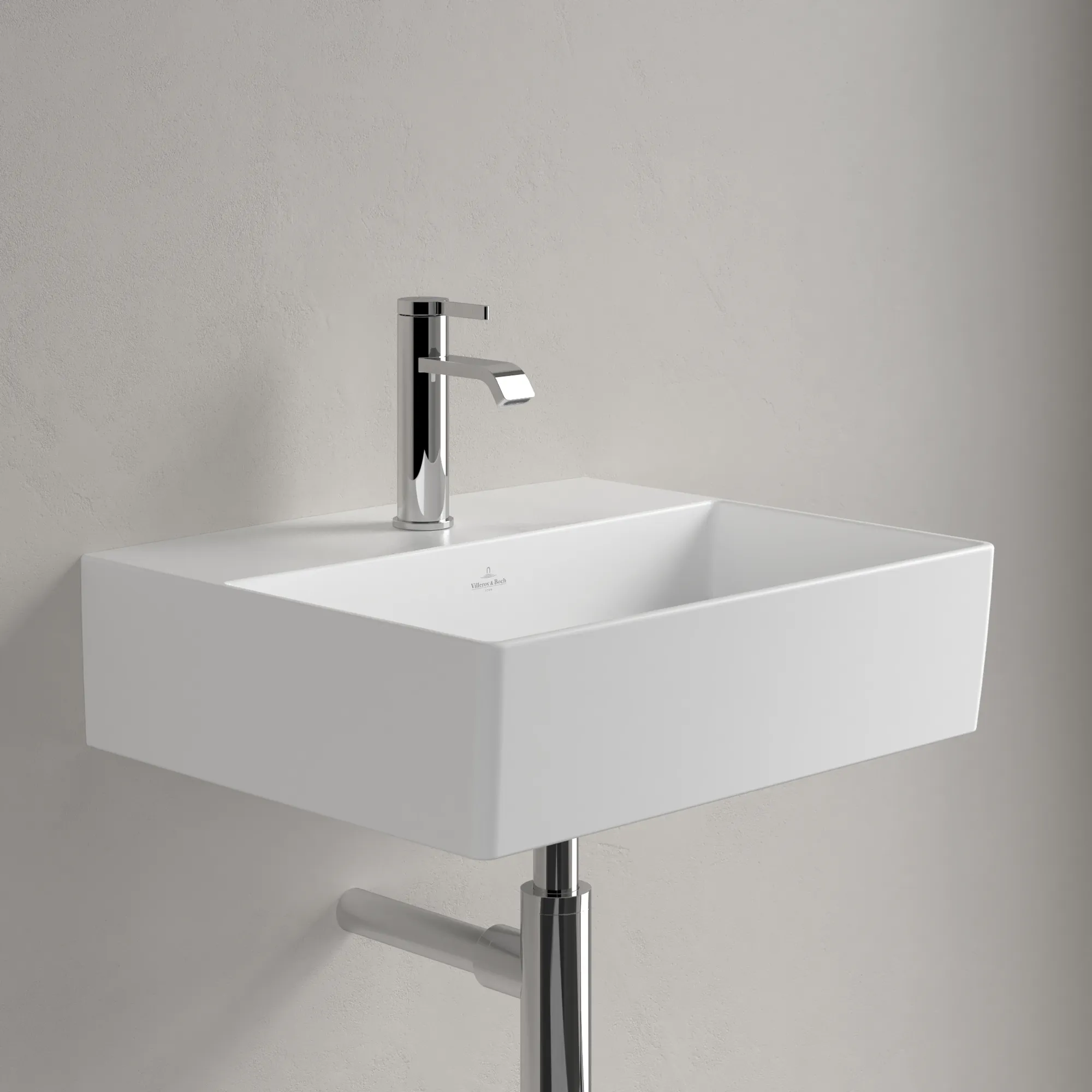 Villeroy & Boch Memento 2.0 Wandwaschbecken, 50 x 42 cm, 14 cm hoch, Stone White CeramicPlus, TitanCeram, matt, 3-Loch Armatur