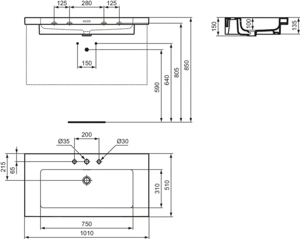 Waschbecken „Extra“ 101 × 51 × 15 cm, Hahnlochposition mittig in Weiß Waschbecken „Extra“ 101 × 51 × 15 cm, Hahnlochposition mittig in Weiß