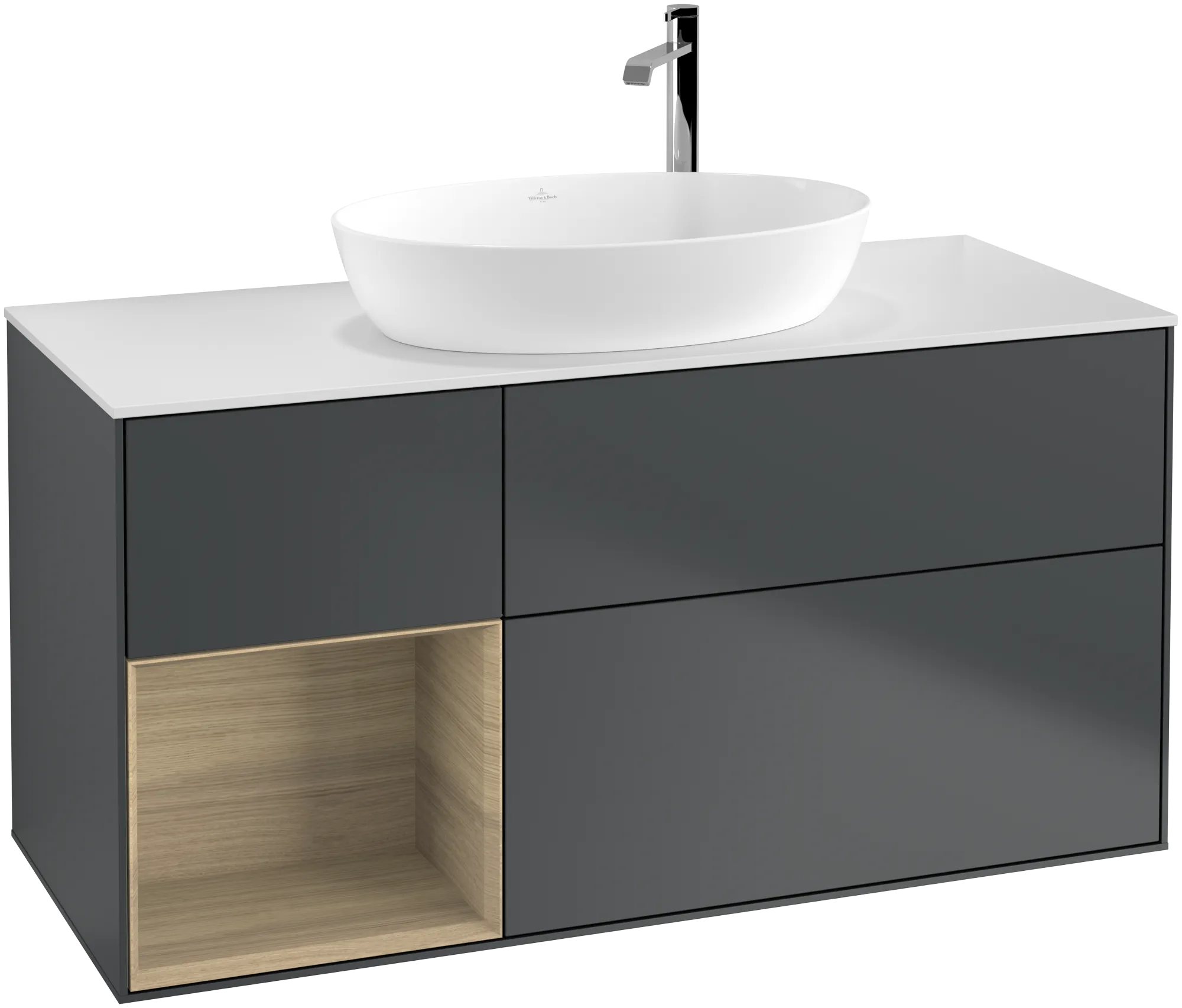 Villeroy & Boch Finion Waschbeckenunterschrank F94, 1200x603x501mm, Midnight Blue Matt Lacquer / Oak Veneer / Glass White Matt