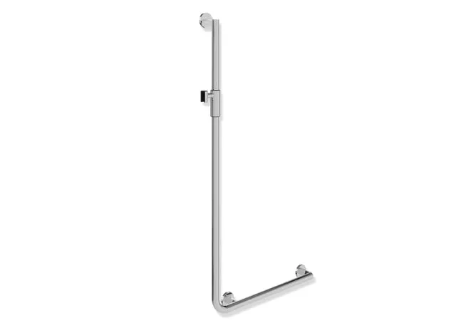 Winkelgriff mit Brausehalter, Edelstahl, verchromt, waagerechte Länge 600 mm, senkrechte Länge 1250 mm, D: 32 mm, Ausführung rechts, mit magnetischem Brausehalter Winkelgriff mit Brausehalter, Edelstahl, verchromt, waagerechte Länge 600 mm, senkrechte Länge 1250 mm, D: 32 mm, Ausführung rechts, mit magnetischem Brausehalter