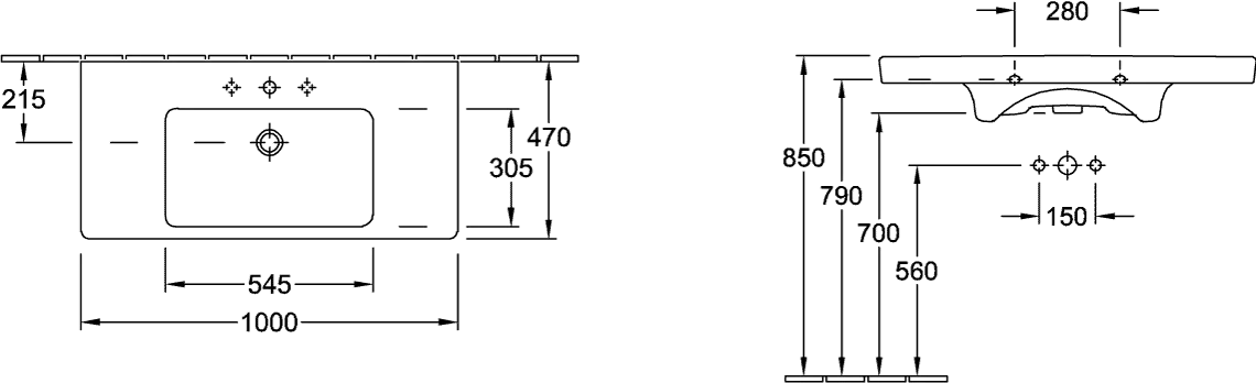 Villeroy & Boch Subway 2.0 Schrankwaschtisch 71751G, 1000 x 480 mm, Rechteck, 1HL. mittleres Hahnloch durchgestochen, mit Überlauf, Weiß Alpin CeramicPlus