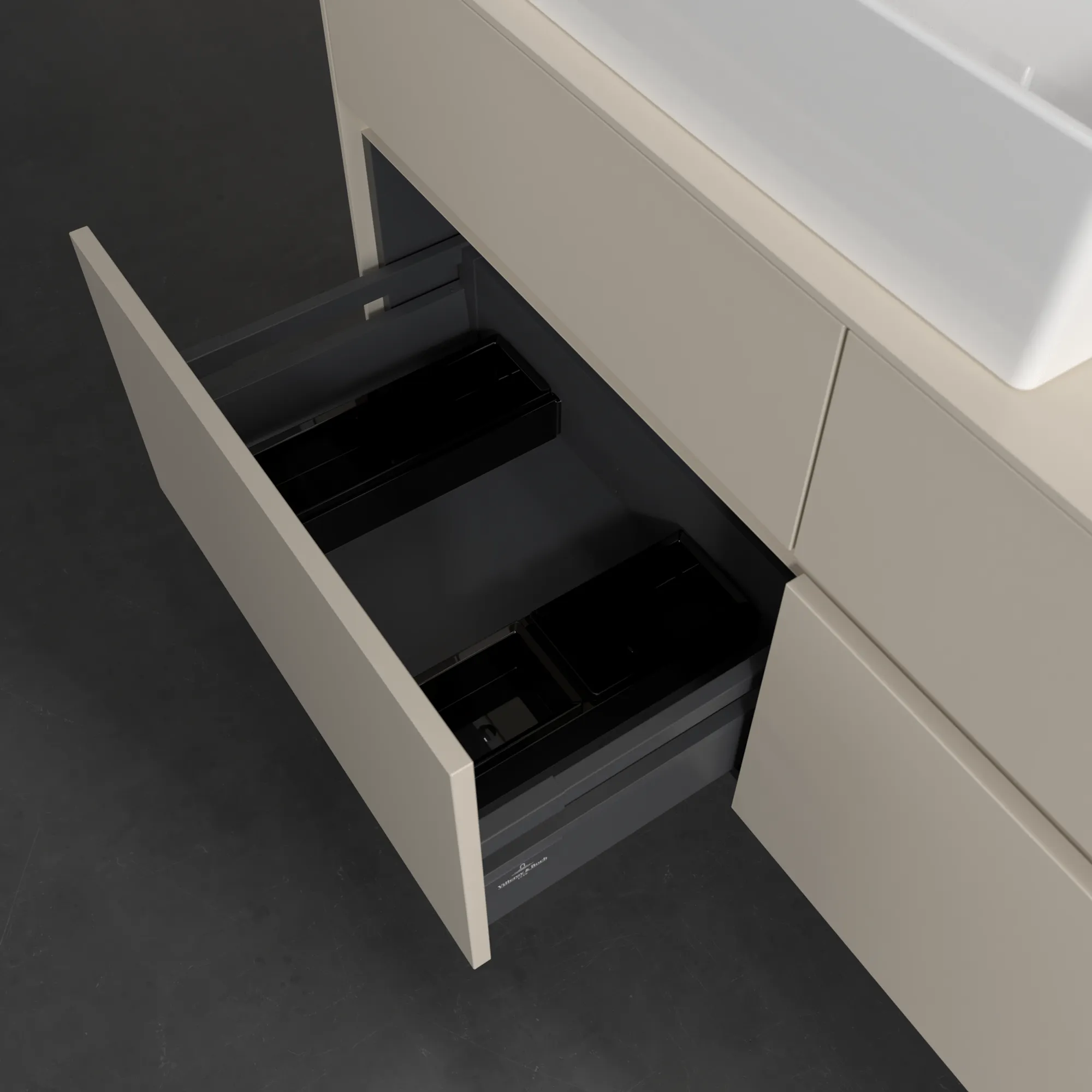 Villeroy & Boch Waschtischunterschrank „Collaro“ 1200 × 548 × 500 mm Cashmere Grey, mit Beleuchtung, für Becken links Villeroy & Boch Waschtischunterschrank „Collaro“ 1200 × 548 × 500 mm Cashmere Grey, mit Beleuchtung, für Becken links