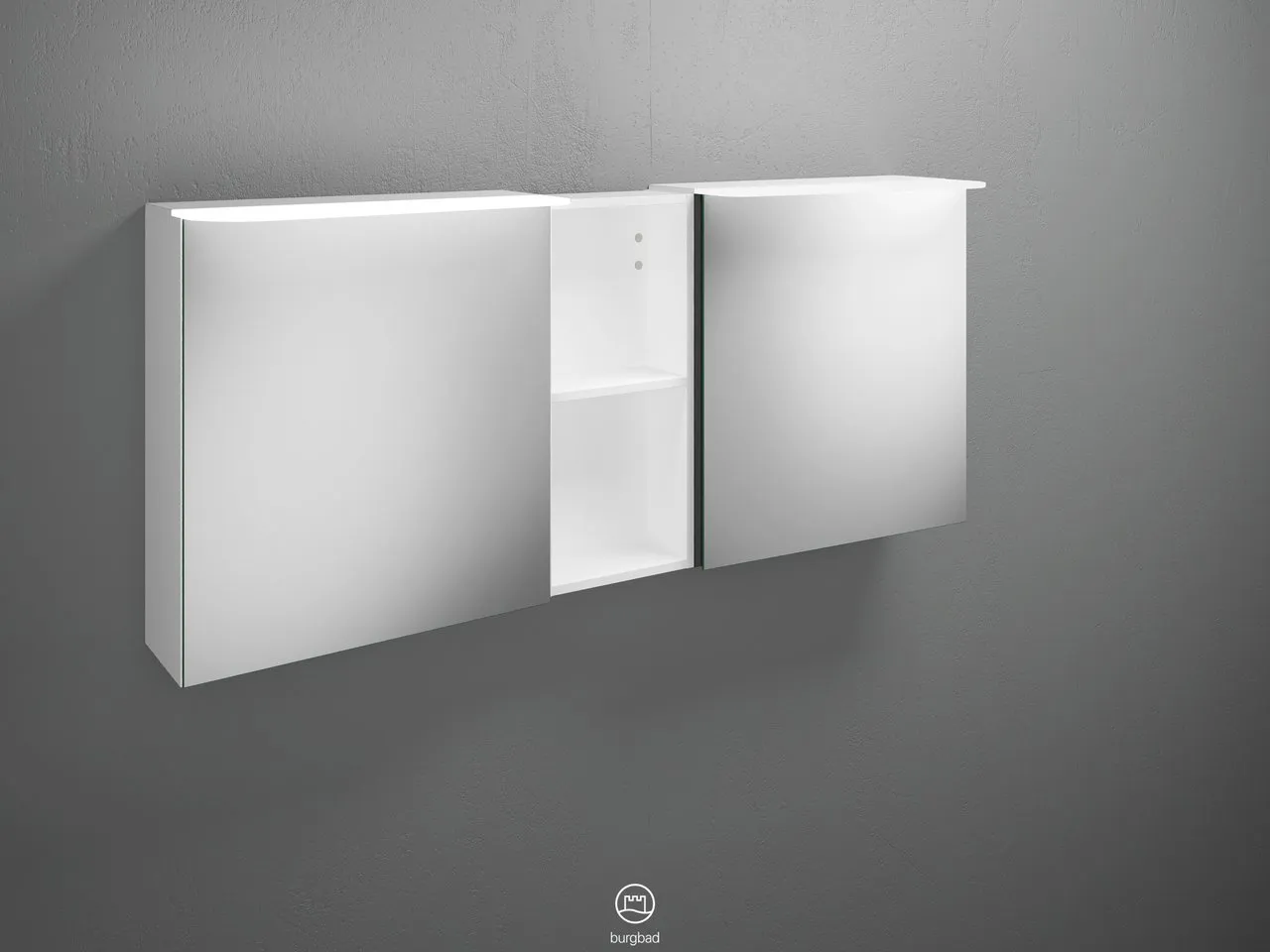Badu Spiegelschrank SFTY150 von burgbad – 310 mm tief, 1.500 mm breit, 665 mm hoch, beidseitig verspiegelt mit LED-Aufsatzleuchten und Regal