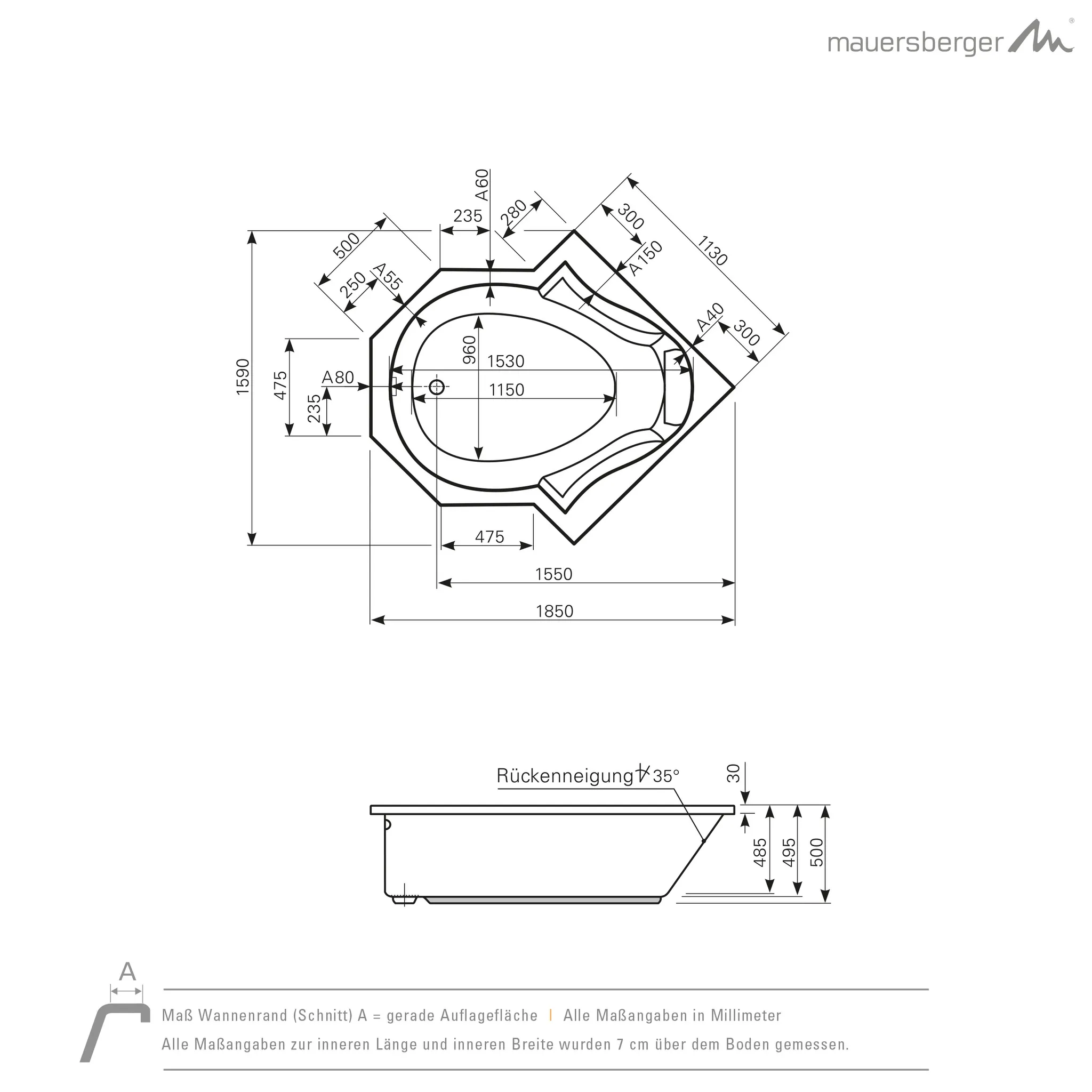Mauersberger venosa Acryl-Badewanne Großraumform 185⁄159