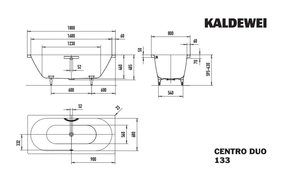 Kaldewei CENTRO DUO Badewanne, alpinweiß, 1800 x 800 mm, Tiefe 460 mm