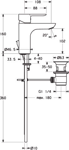 HA Einhebelmischer Waschtischbatterie HANSALIGNA 0609 Kupferrohr Zugstangenablaufgarnitur Ausladung 108 mm DN15 Chrom