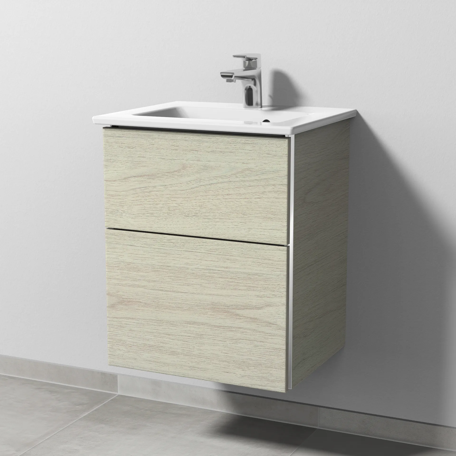 Sanipa Keramik-Waschtisch-Waschtischunterschrank mit Waschtischunterschrank „3way“ 465 × 591 × 401 mm in White Oak, mit Hahnlochbohrung, Becken mittig