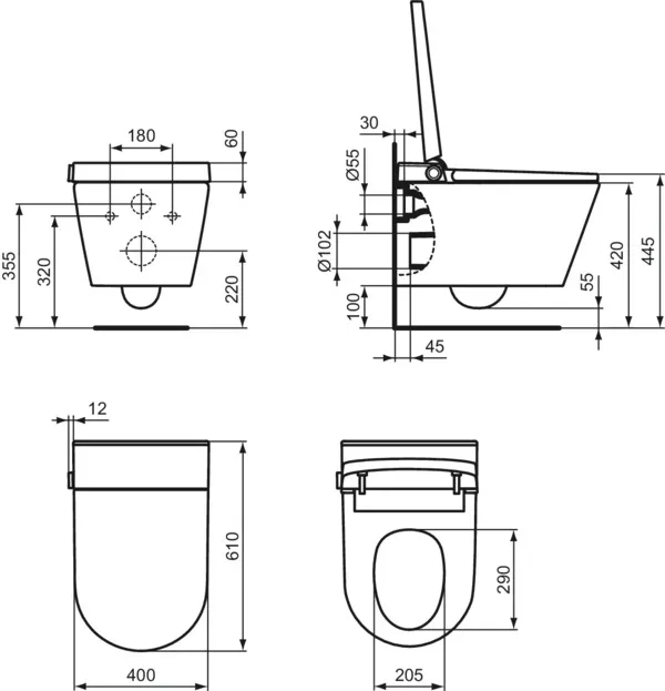 Wandtiefspül-WC mit Sitz i.life E ohne Spülrand mit Duschfunktion Weiß