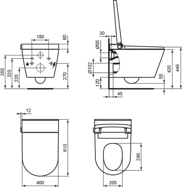 Wandtiefspül-WC mit Sitz i.life E ohne Spülrand mit Duschfunktion Weiß Wandtiefspül-WC mit Sitz i.life E ohne Spülrand mit Duschfunktion Weiß