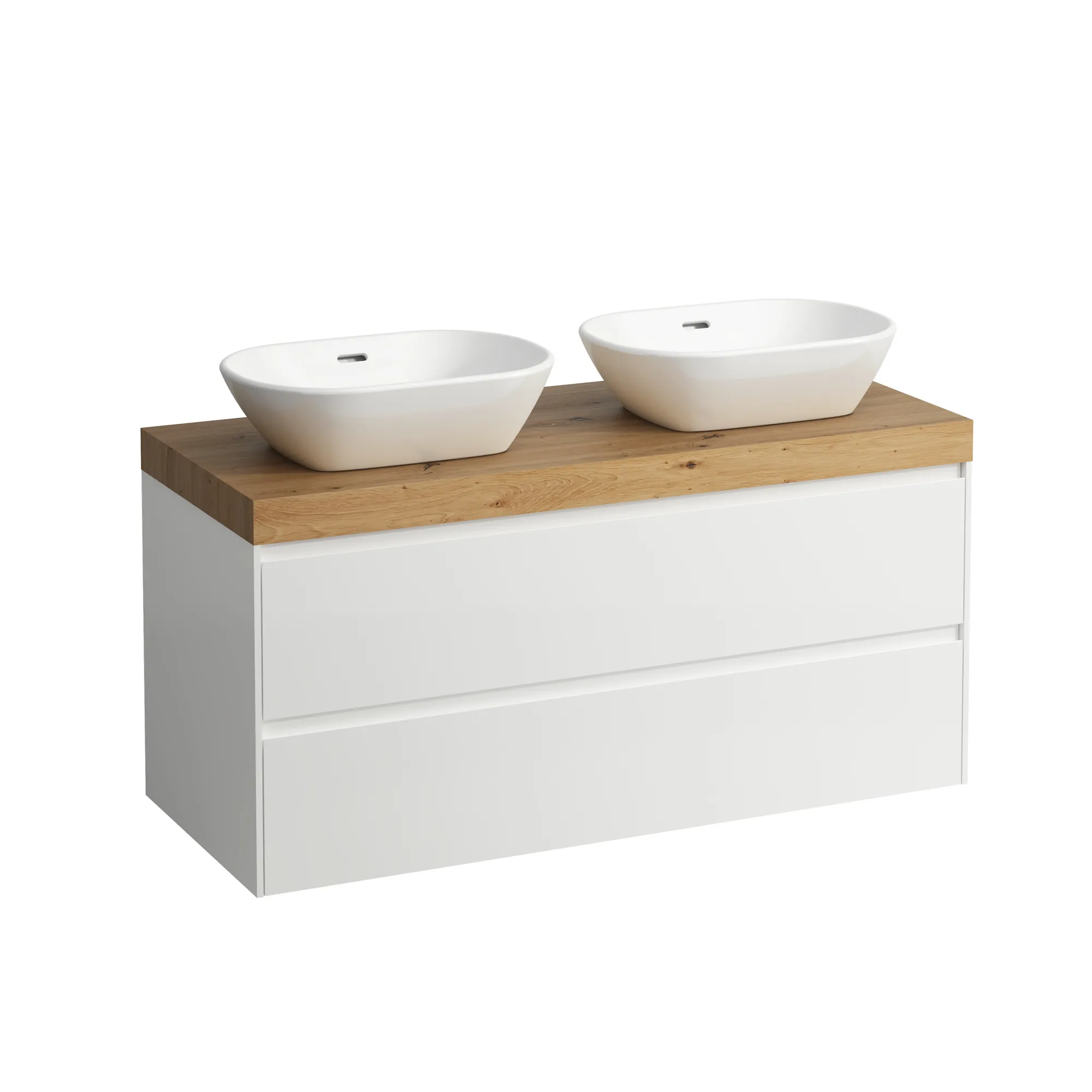 Waschtischunterbau+Waschtischplatte (MODULAR SYSTEM) LANI 495x1185x580 mit Ausschnitt rechts und links rechts Abdeckplatte 65 mm (Farbe: .267 wildeiche), mit 2 Schubladen integrierter Griffleiste Vollauszug und Soft-Close weiß matt
