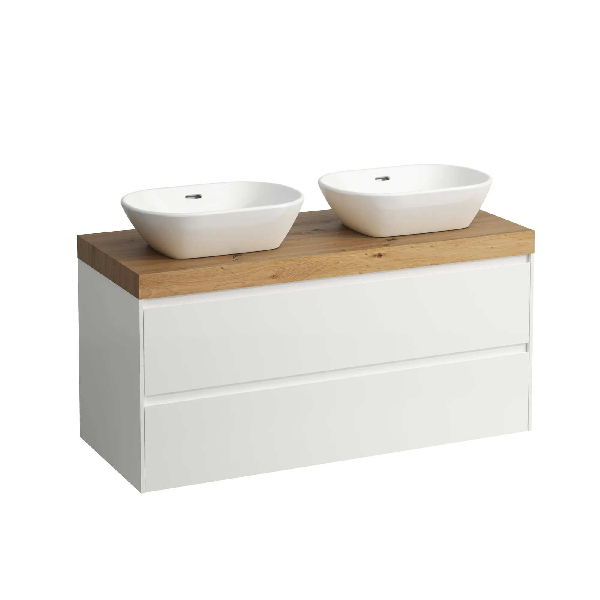Laufen Waschtischunterbau+Waschtischplatte MODULAR SYSTEM LANI 495x1185x580, rechts/links Ausschnitt, Abdeckplatte 65 mm, Wildeiche, 2 Schubladen, Griffleiste, Vollauszug, Soft-Close, weiß matt Laufen Waschtischunterbau+Waschtischplatte MODULAR SYSTEM LANI 495x1185x580, rechts/links Ausschnitt, Abdeckplatte 65 mm, Wildeiche, 2 Schubladen, Griffleiste, Vollauszug, Soft-Close, weiß matt