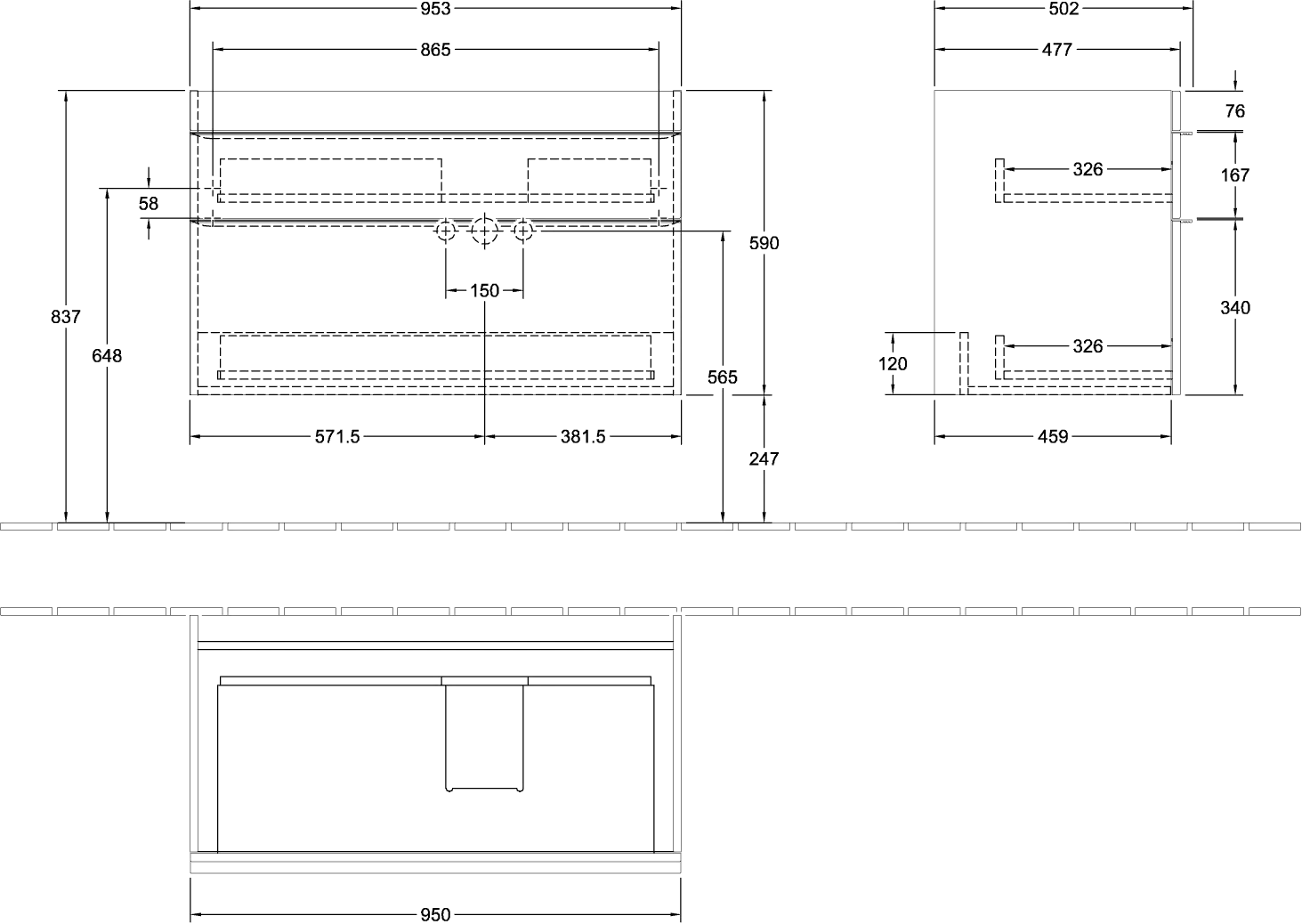 Villeroy & Boch Waschtischunterschrank „Venticello“ für Schrankwaschtisch 953 × 590 × 502 mm Volcano Black, für Becken rechts