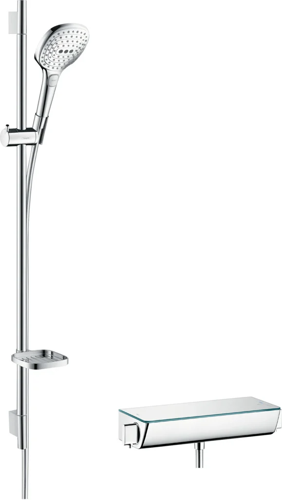 Hansgrohe Raindance Select E Brausesystem Aufputz 120 mm, Chrom, 3 Strahlarten, Ecostat Thermostat, 90 cm Brausestange