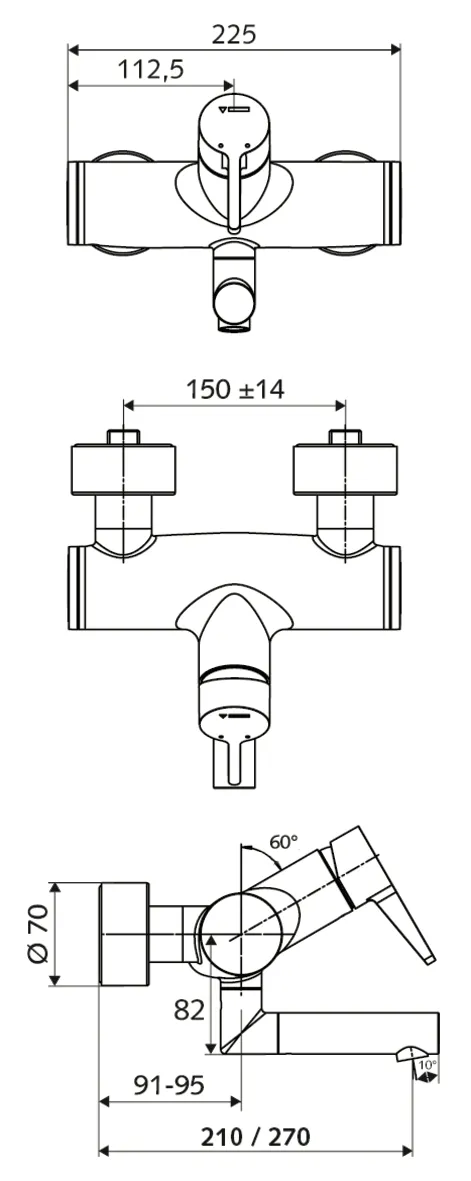Aufputz-Waschtisch-Armatur VITUS VW-EH-M, Mischwasser, Einhebel, 2 RFV, 2x DN 15 G 1/2 AG, Ausladung bis Mitte Strahlregler: 210 mm, chrom