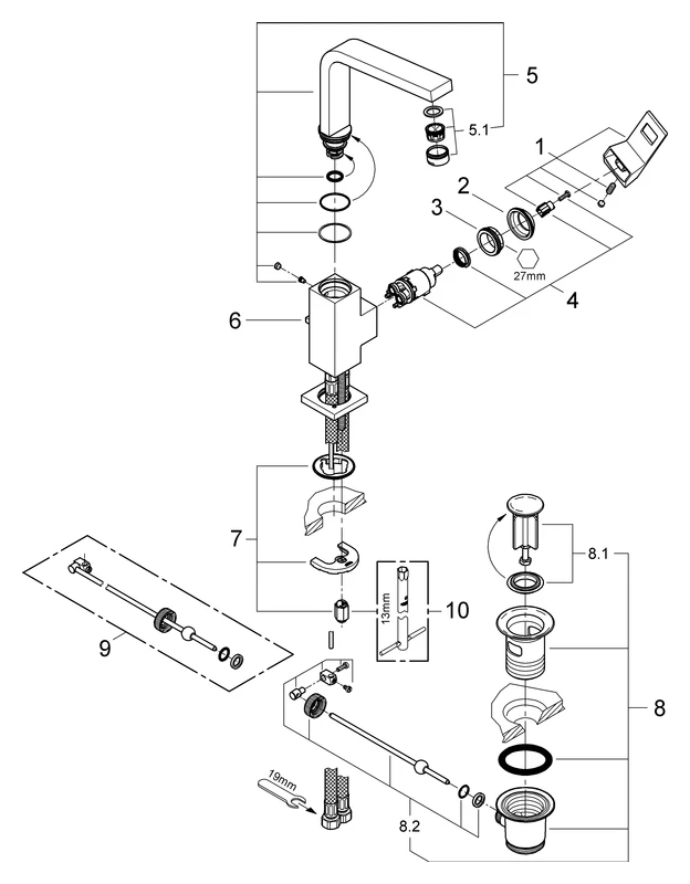 Einhand-Waschtischbatterie Eurocube 23135, L-Size, Einlochmontage, schwenkbarer Rohrauslauf, Zugstangen-Ablaufgarnitur 1 1/4'', chrom