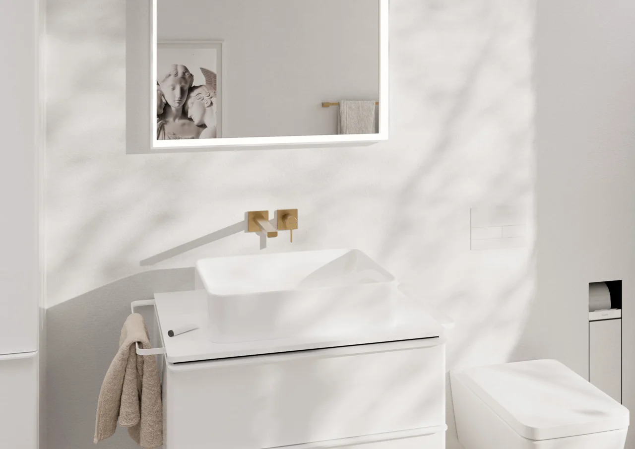 Hansgrohe Xelu Q Konsole, mittiger Ausschnitt für Aufsatzwaschtisch mit Hahnloch, Weiß Hochglanz, Maße: 780 x 540 mm, Materialstärke: 16 mm Hansgrohe Xelu Q Konsole, mittiger Ausschnitt für Aufsatzwaschtisch mit Hahnloch, Weiß Hochglanz, Maße: 780 x 540 mm, Materialstärke: 16 mm