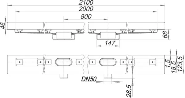 Dallmer Duschrinne CeraLine Nano W Duo 2000 mm, Edelstahl 1.4301, DN 50, Wandmontage