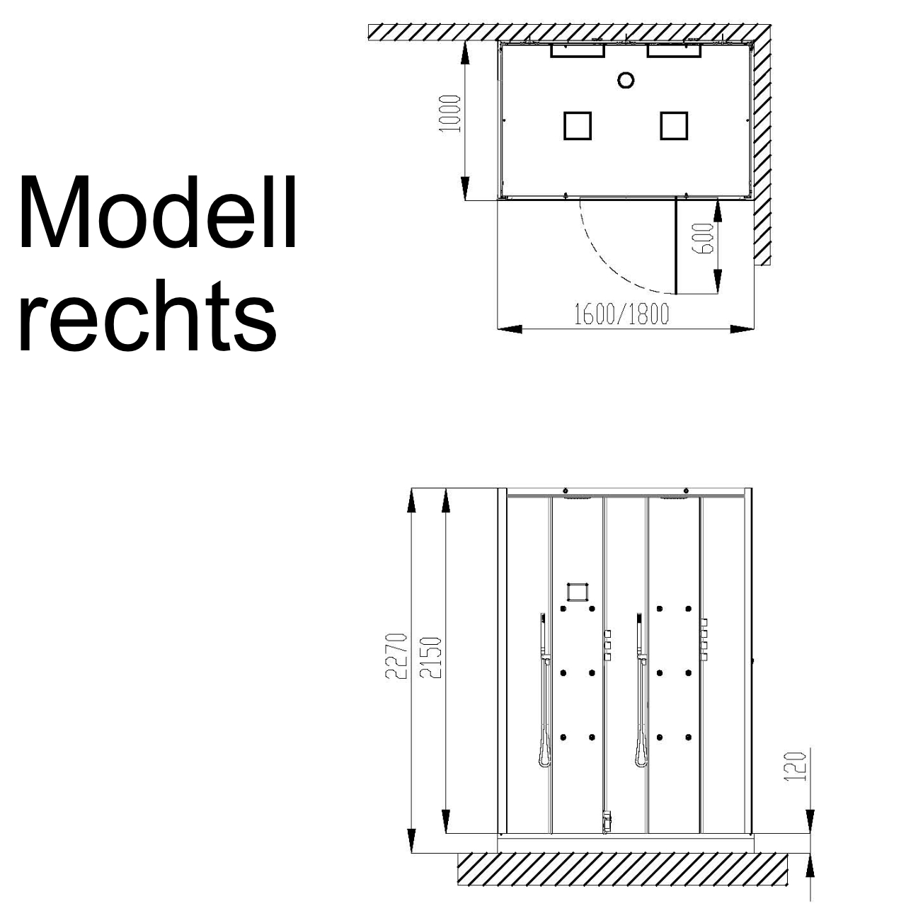 Dampfkabine SensePerience Rechteck 1800x1000 rechts Duschwanne Solique Weiß ohne Antirutsch, Wände Schwarz