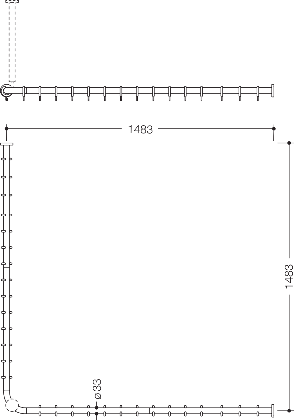 HEWI Duschvorhangstange „Serie 801“ 151,8 × 151,8 cm