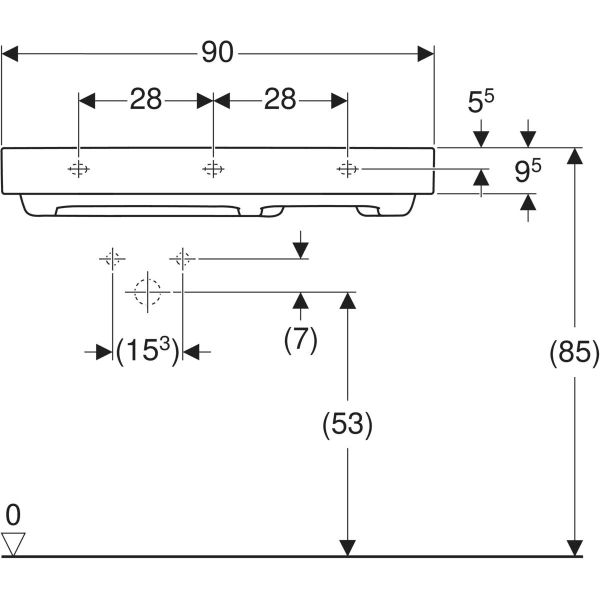 Wandwaschtisch mit Ablagefläche „One“ mit horizontalem Ablauf, rechteckig, Hahnlochposition links, Ablagefläche rechts 90 × 48 cm in weiß alpin mit KeraTect®
