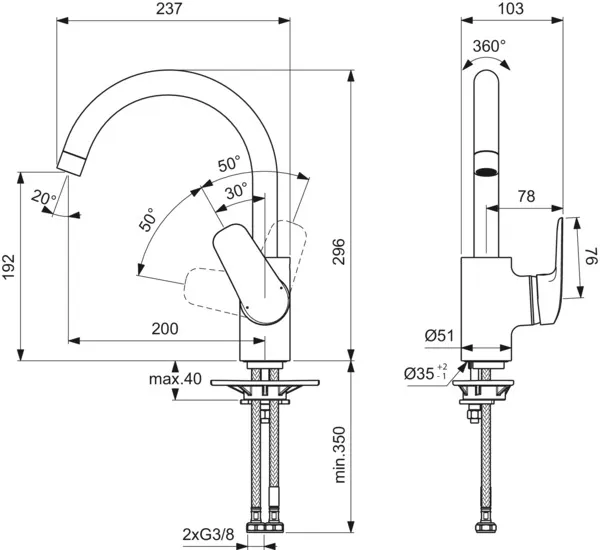 Ideal Standard Einhand-Küchenarmatur „Ceraflex“ Ausladung 200 mm