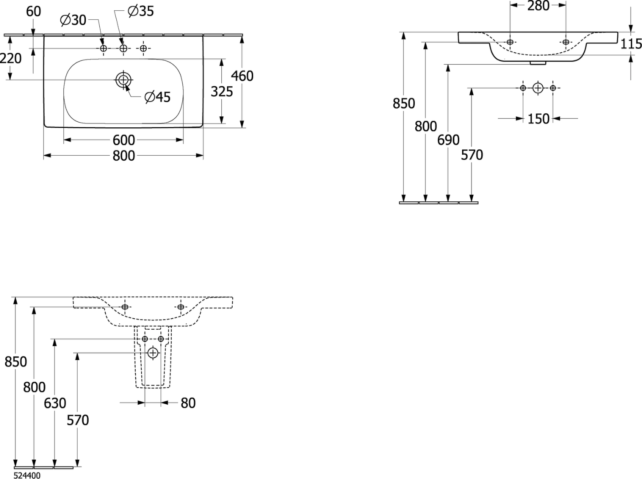 Schrankwaschtisch Skyla 5A5180, 800 x 460 mm, Rechteck, Becken mittig, 1HL. mittleres Hahnloch durchgestochen, mit Überlauf, Weiß Alpin