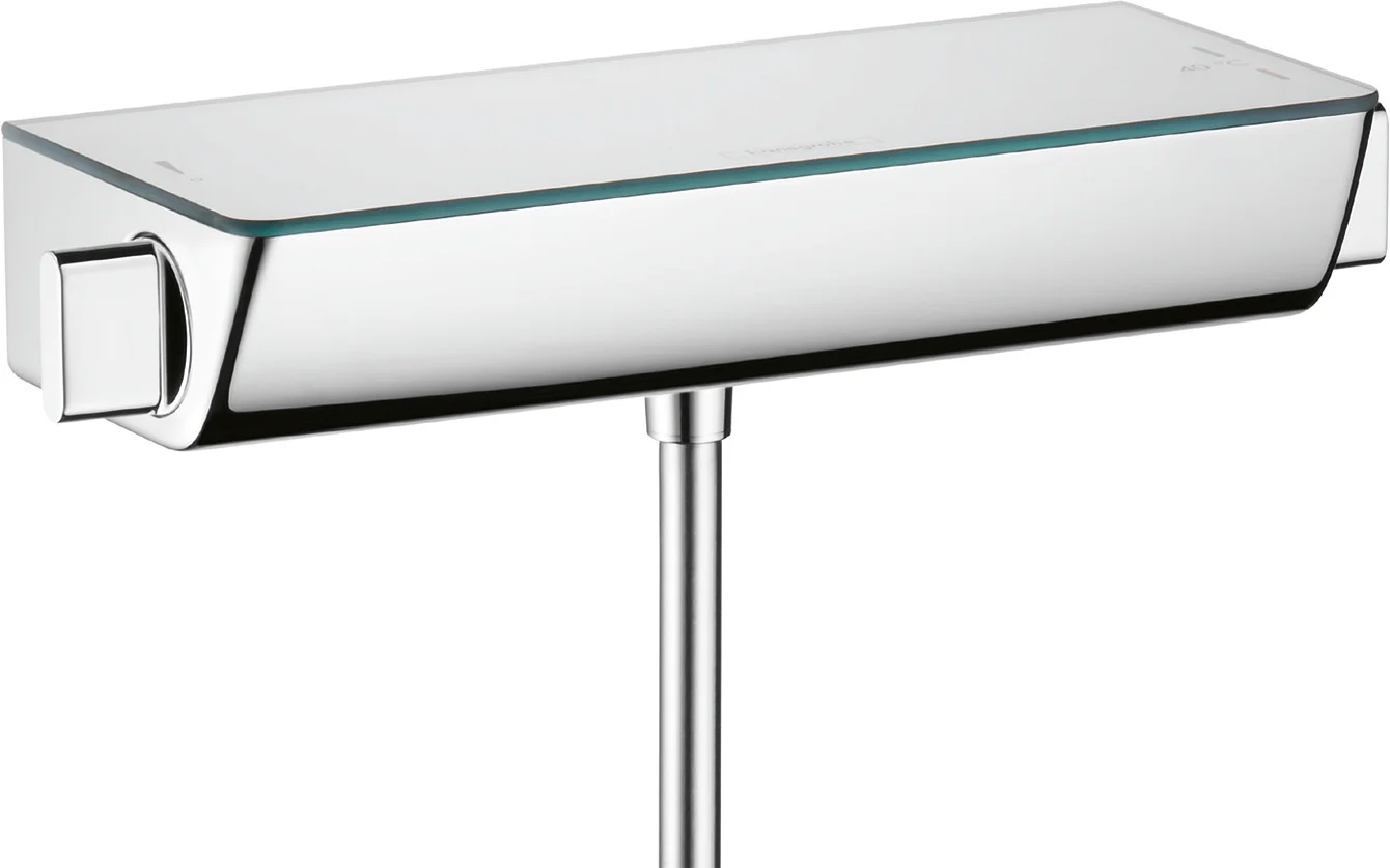Hansgrohe Ecostat Select Brausethermostat Aufputz Chrom, DN15, 1 Verbraucher, Sicherheitssperre bei 40°C, einstellbare Temperaturbegrenzung, isolierte Wasserführung, Rückflussverhinderer, Schalldämpfer, Ablage aus Sicherheitsglas mit Spiegelglasoberfläch