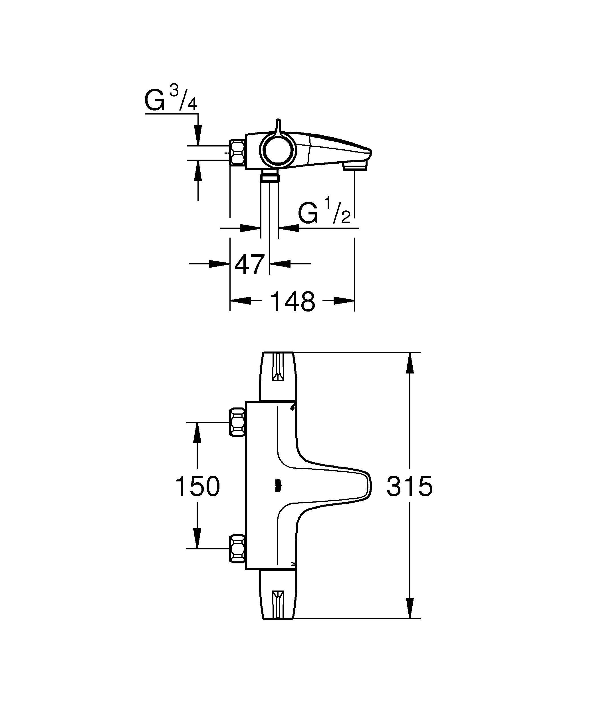 Thermostat-Wannenbatterie Grohtherm Special 34671, Wandmontage, ohne S-Anschlüsse und Abdeckungen, chrom