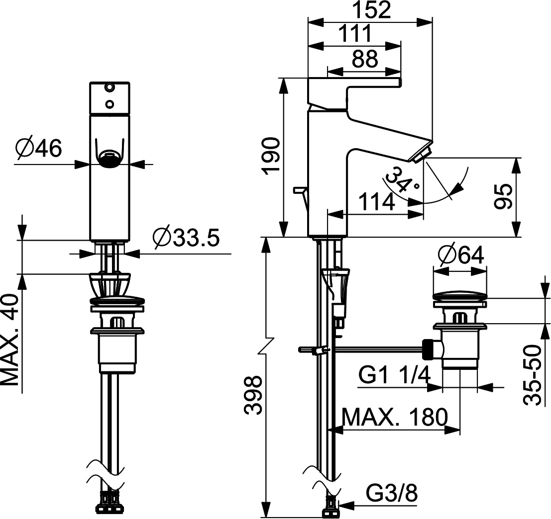 EHM Waschtischbatterie VANTIS XL 5256 Ablaufgarnitur mit Zugstange Ausladung 114 mm Chrom Pinhebel