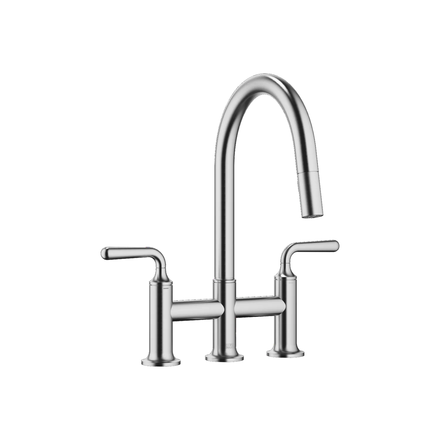 Dornbracht VAIA Dreiloch-Brückenbatterie Pull-down mit Brausefunktion - Chrom gebürstet (Edelstahl-Look), Ausladung 240 mm, schwenkbarer Auslauf 360°, Metallbrauseschlauch 1800 mm