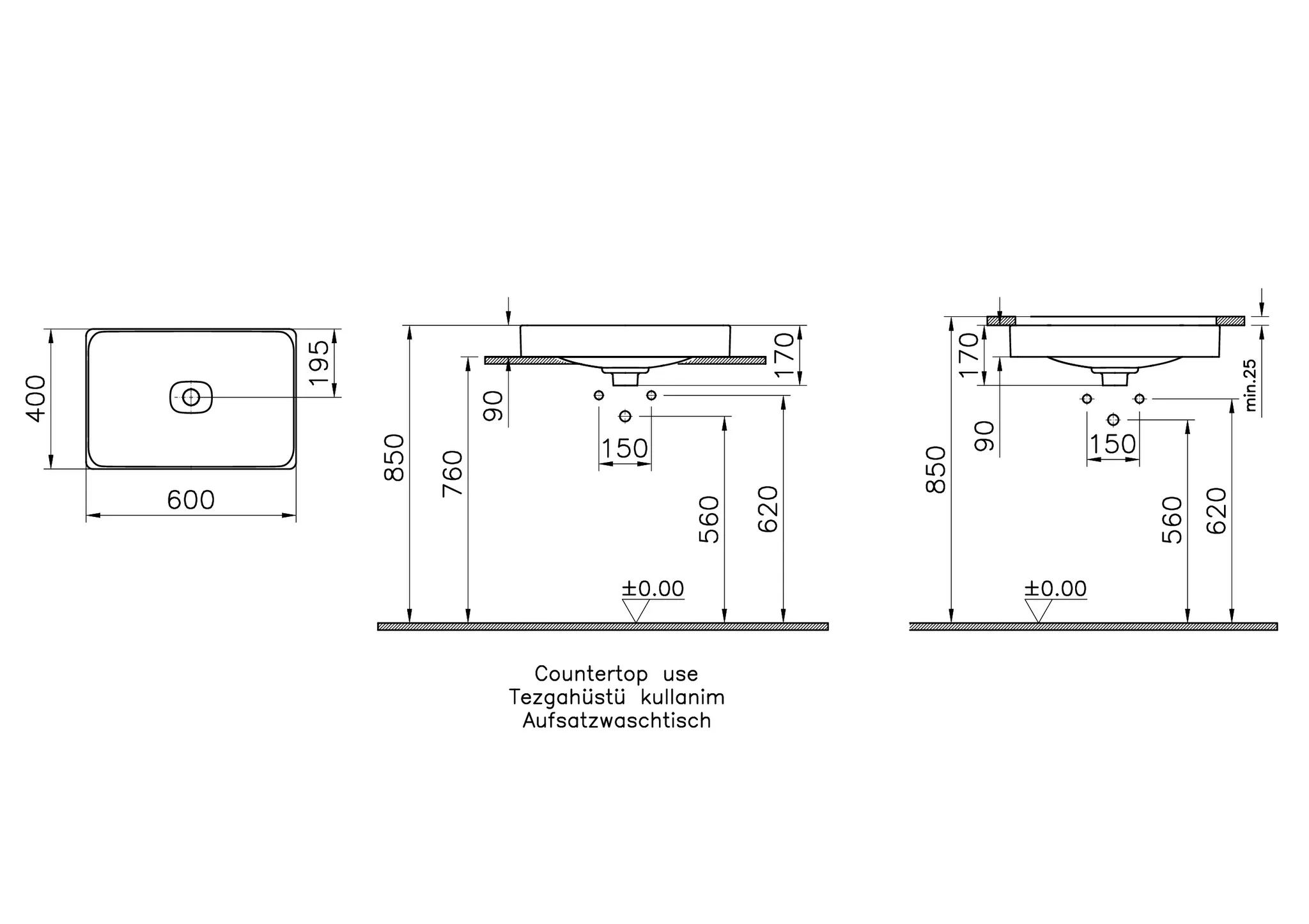 VitrA New Metropole Aufsatzschale freistehend rechteckig 60 x 40 cm ohne Überlaufschlitz Steingrau Matt