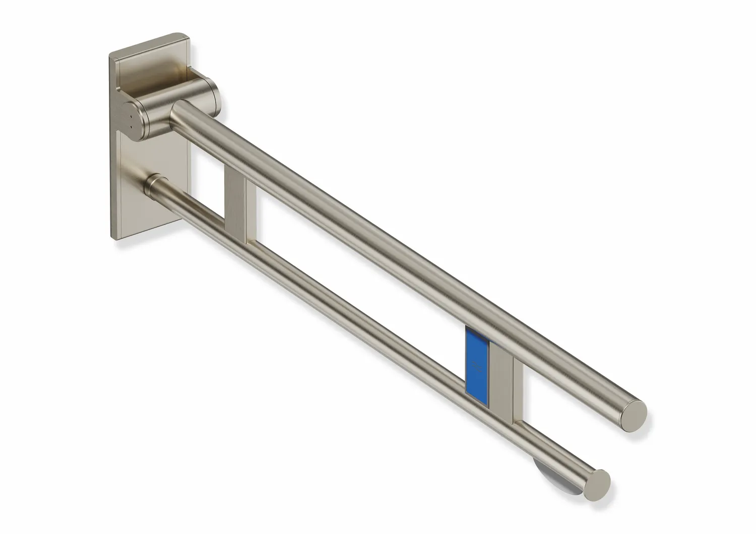 Mobiler Stützklappgriff Duo, Design A des Systems 900, Edelstahl, PVD, Ausladung 850 mm, mit WC-Papierhalter und Funk-Spülauslösung, Ausführung links,