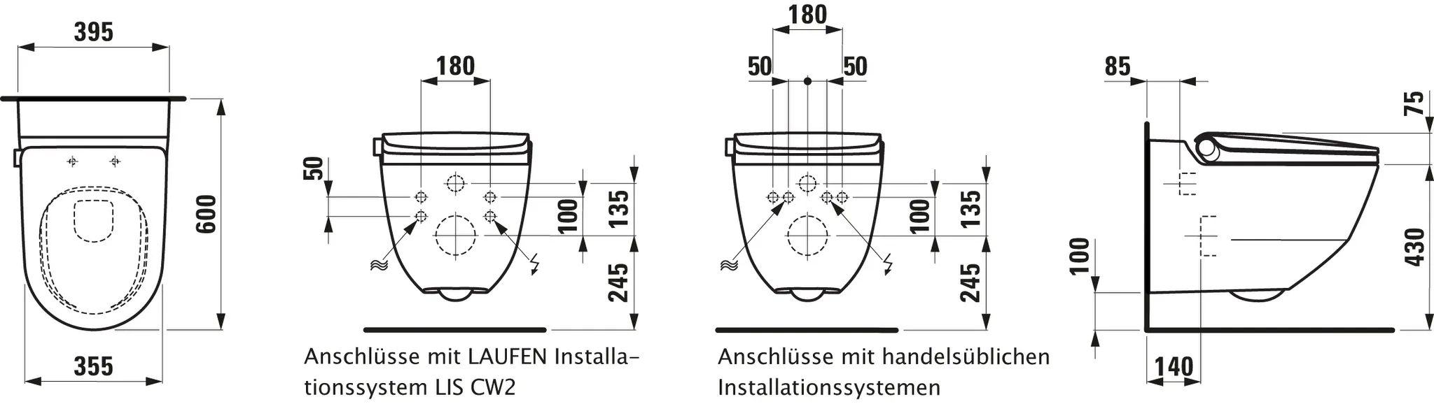 Dusch-Tiefspül-WC wandhängend CLEANET RIVA 600x395x405 spülrandlos LCC weiß