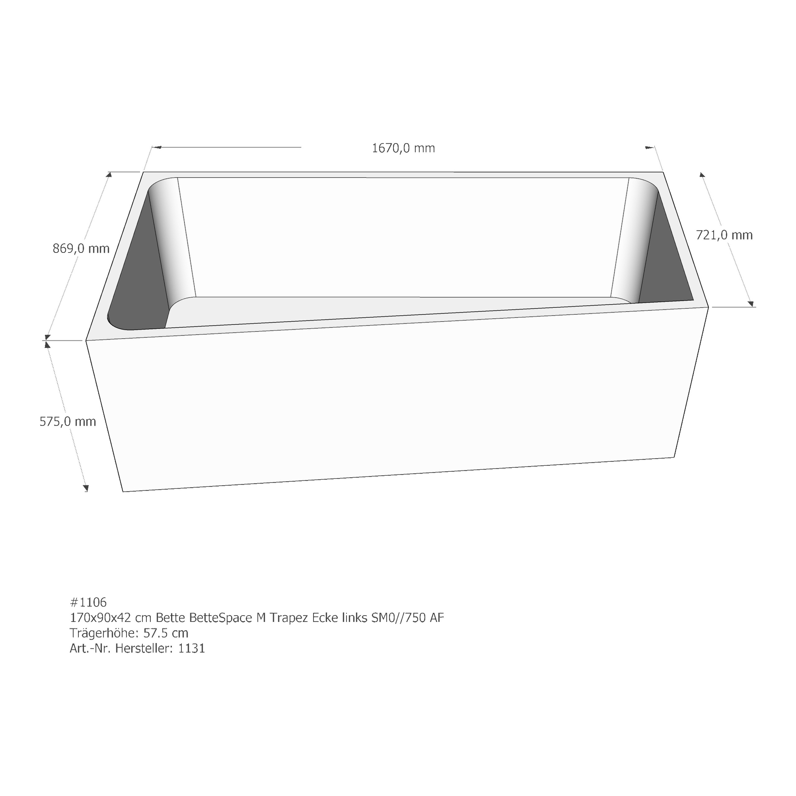 Badewannenträger für Bette Space M links 170 × 90 × 42 cm Ausführung: links / Breite: 90 cm Badewannenträger für Bette Space M links 170 × 90 × 42 cm Ausführung: links / Breite: 90 cm
