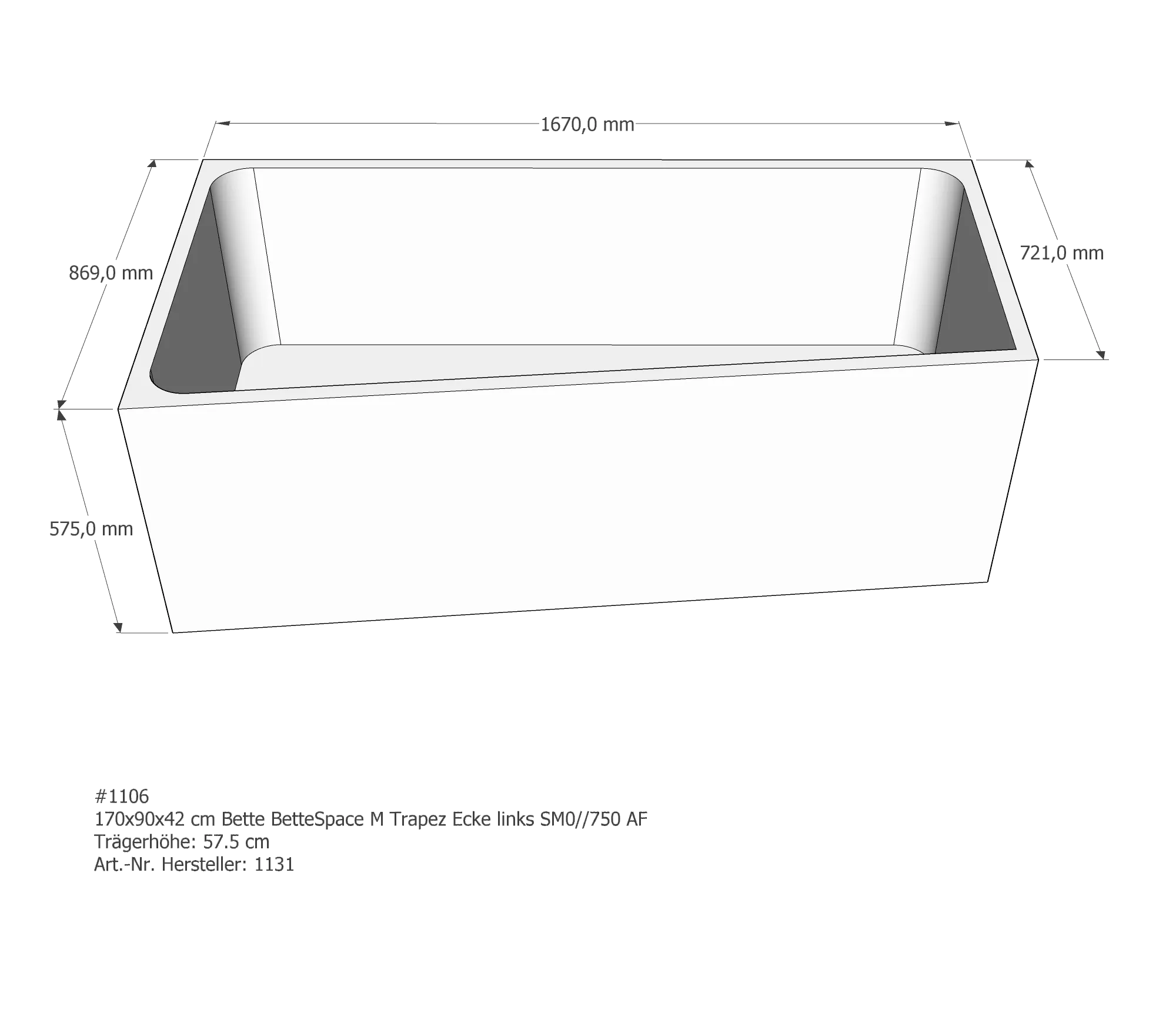 Badewannenträger für Bette Space M links 170 × 90 × 42 cm Ausführung: links / Breite: 90 cm Badewannenträger für Bette Space M links 170 × 90 × 42 cm Ausführung: links / Breite: 90 cm