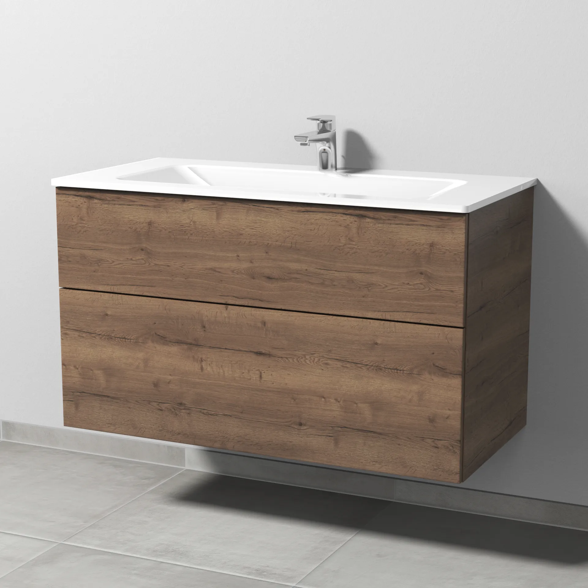 Glas-Waschtisch-Set mit Waschtischunterschrank „3way“ 100 × 48,7 × 58,2 cm in Eiche Tabak, mit Hahnlochbohrung