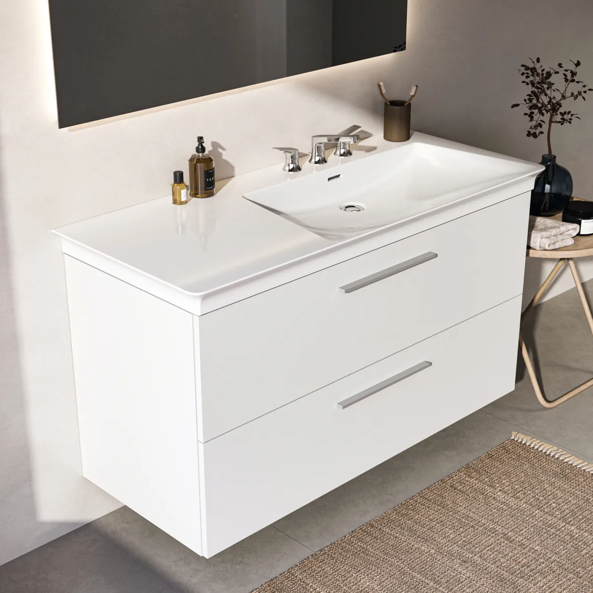 Möbelwaschtischunterschrank i.life B 2 Auszüge Siphonausschnitt auf der rechten Seite 1200x505x630mm Weiß matt Möbelwaschtischunterschrank i.life B 2 Auszüge Siphonausschnitt auf der rechten Seite 1200x505x630mm Weiß matt