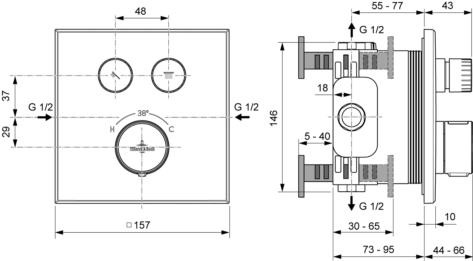 Villeroy & Boch Unterputz-Thermostat Universal Taps & Fittings, eckig, Chrom, 157x66x157 mm, Zweiwege-Mengenregulierung Villeroy & Boch Unterputz-Thermostat Universal Taps & Fittings, eckig, Chrom, 157x66x157 mm, Zweiwege-Mengenregulierung