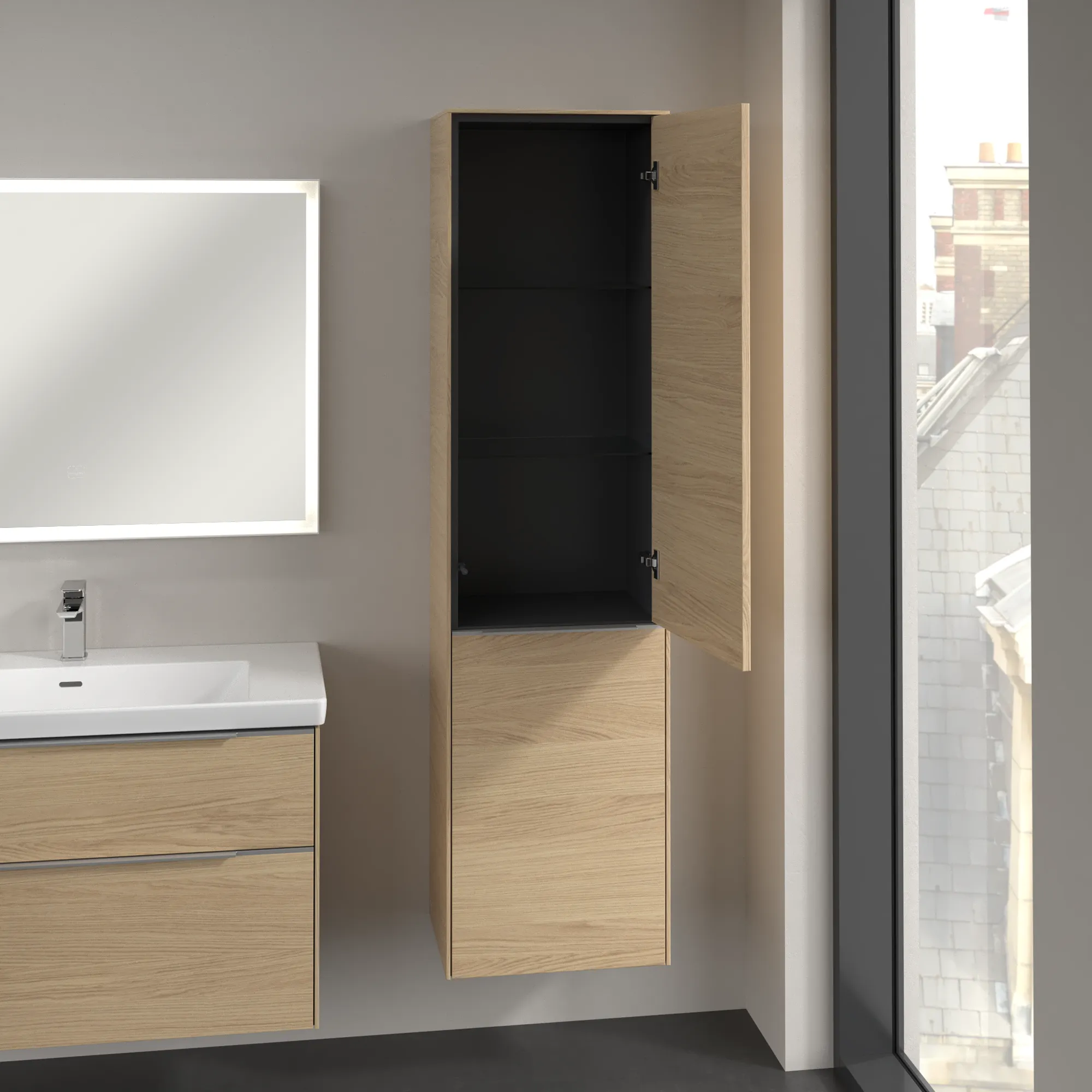 Villeroy & Boch Subway 3.0 Hochschrank, Nordic Oak, 450x1710x346 mm, 1 Tür, 1 Wäscheklappe mit Korb, SoftClosing, Wandmontage