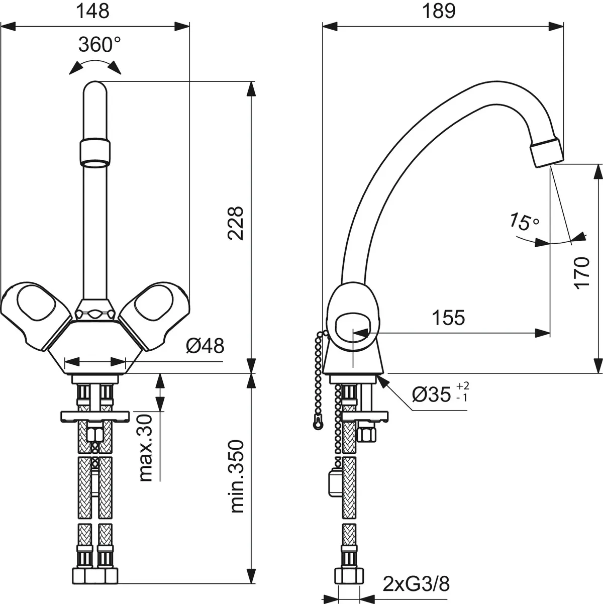 Zweigriff-Waschtischarmatur Alpha, ohne Ablaufgarnitur, mit Kette, Ausladung 155mm, Chrom Zweigriff-Waschtischarmatur Alpha, ohne Ablaufgarnitur, mit Kette, Ausladung 155mm, Chrom