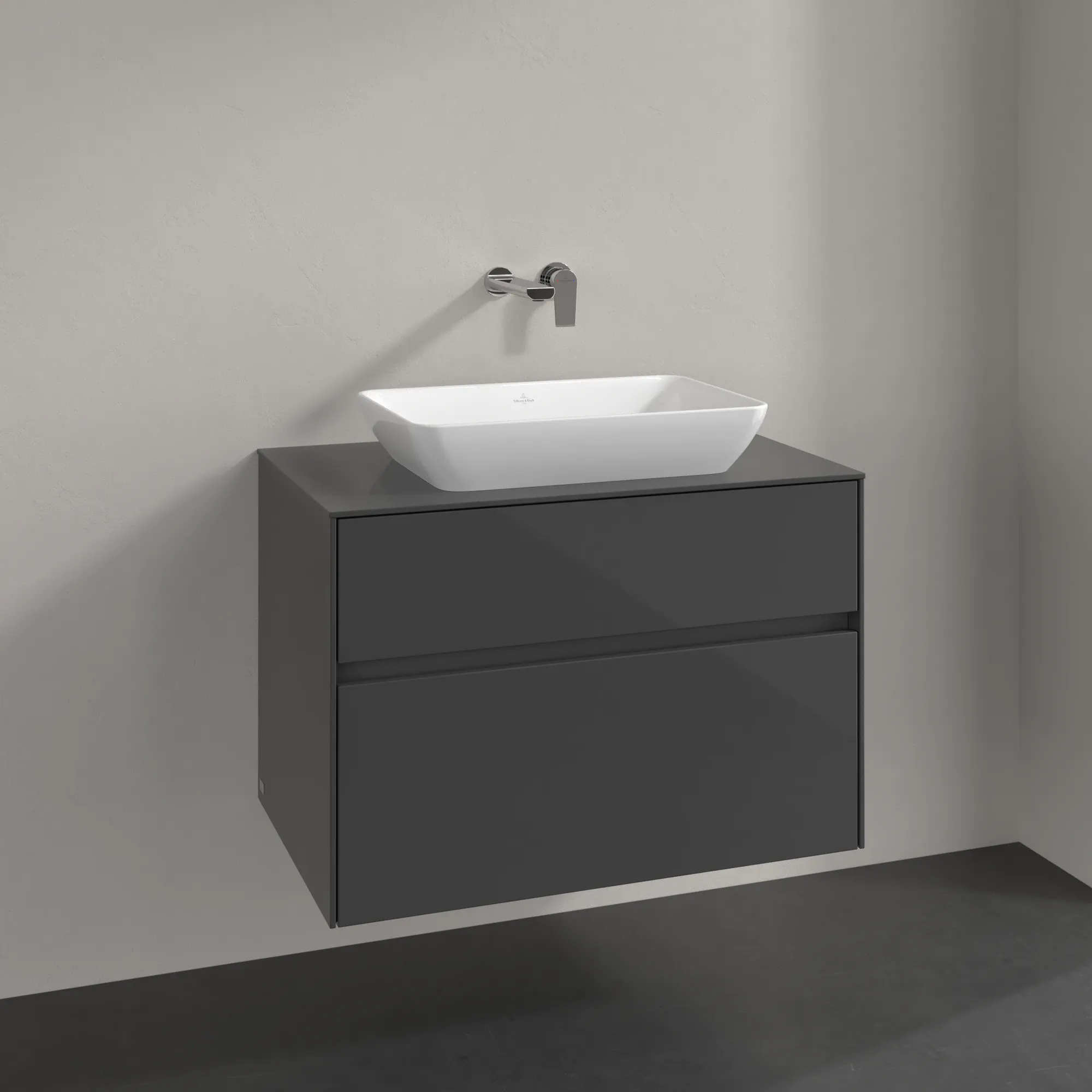 Villeroy & Boch Waschbeckenunterschrank Collaro C10800, Eckig Glossy Grey, 800x548x500mm, 39kg, Wandmontage, 2 Auszüge mit SoftClosing, 1 Waschbecken mittig